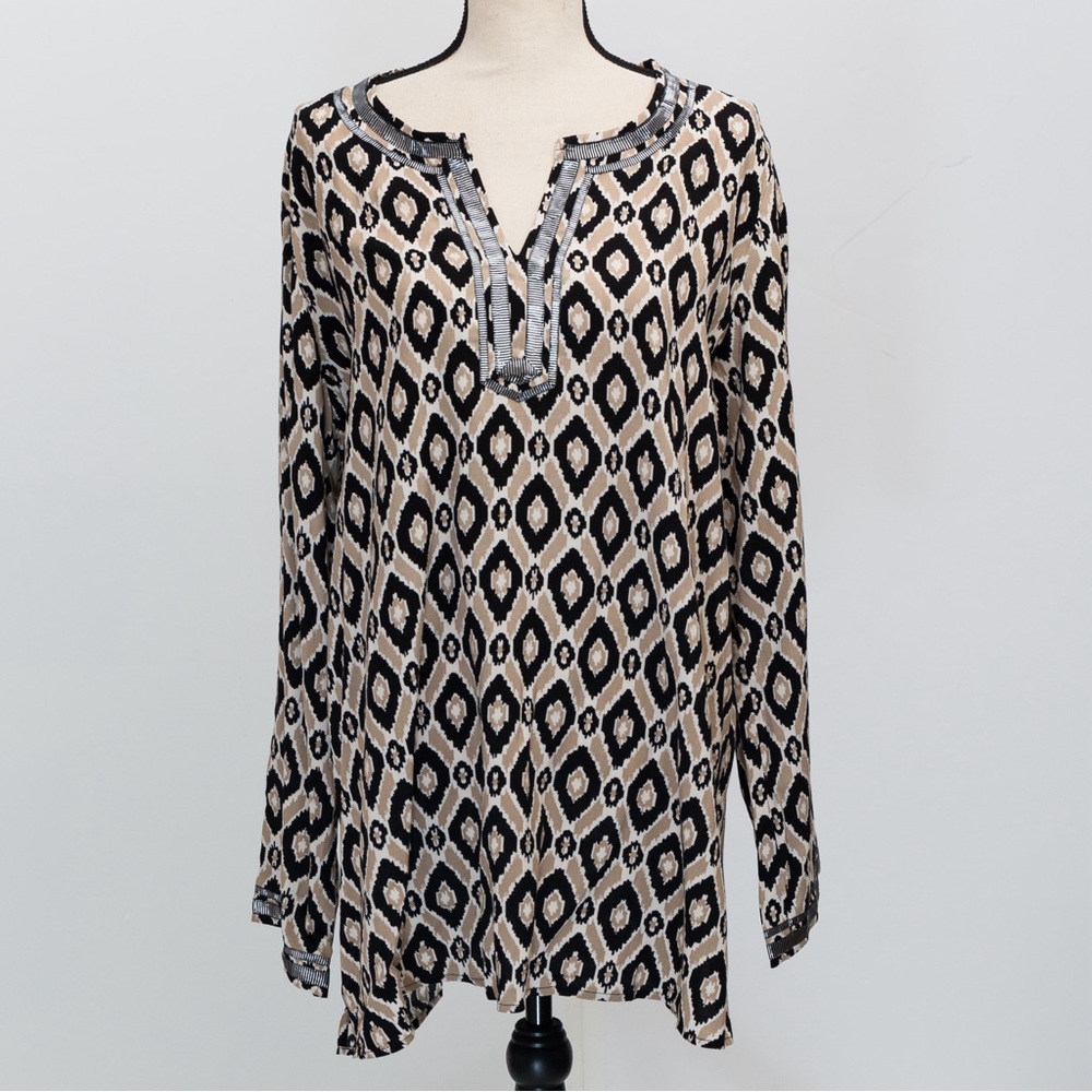 60s vibe patterned tunic top metallic trim XL tan & black